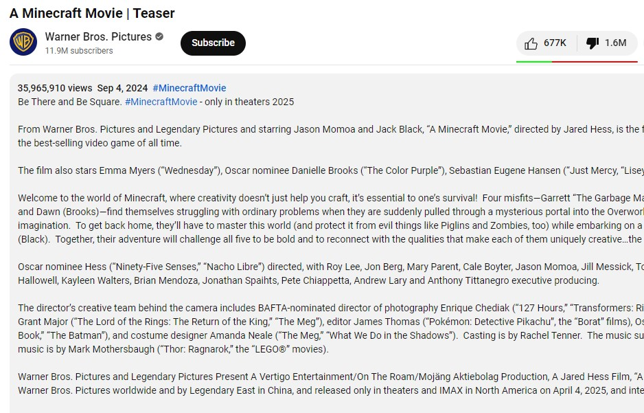 Trailer do filme Minecraft com 1 milhões de dislike no YouTube 2 image