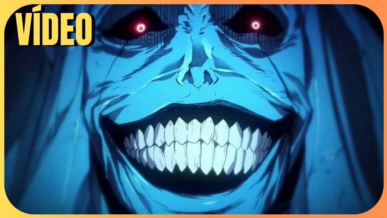 a cartoon of a face with red eyes and teeth